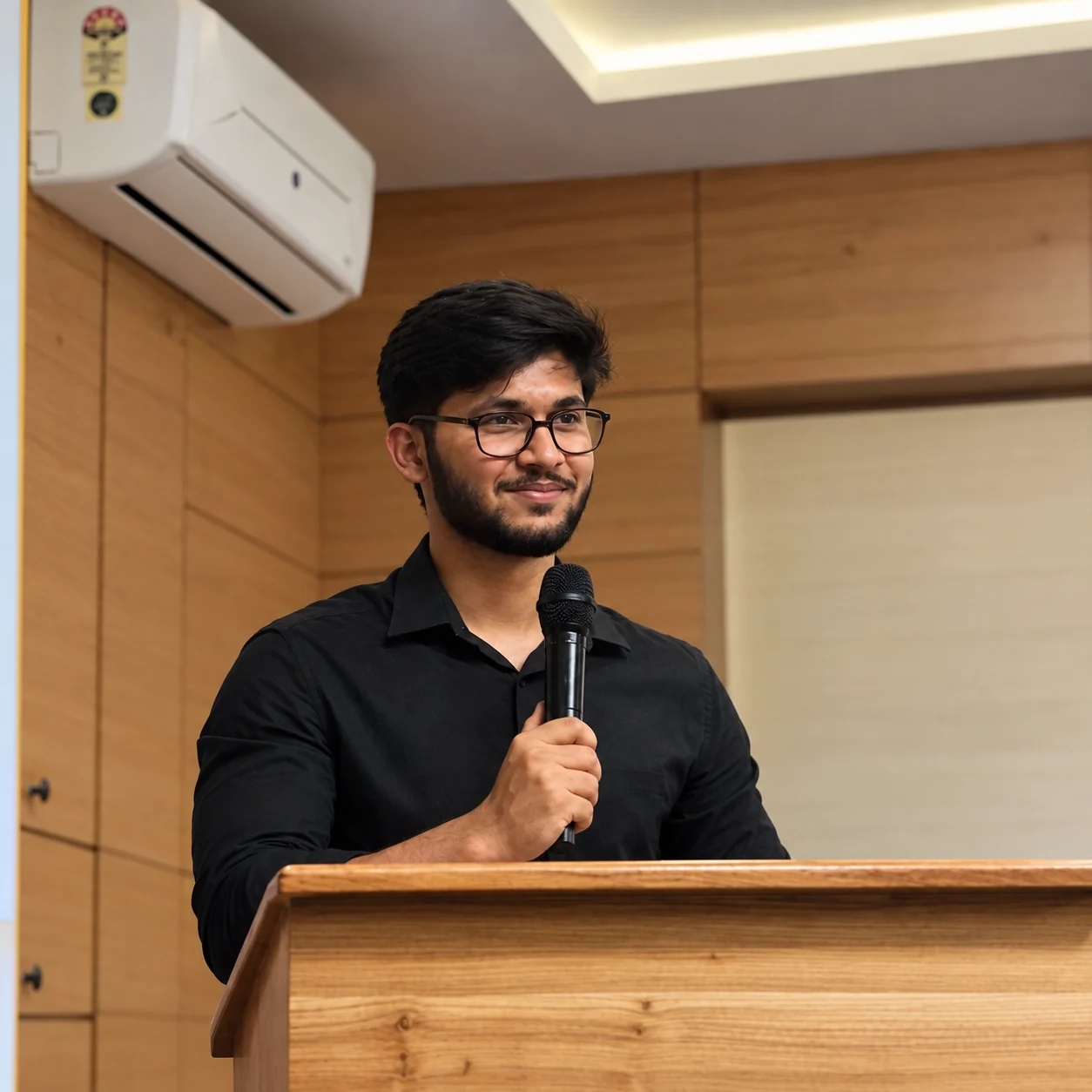 Ujesh speaking at a podium