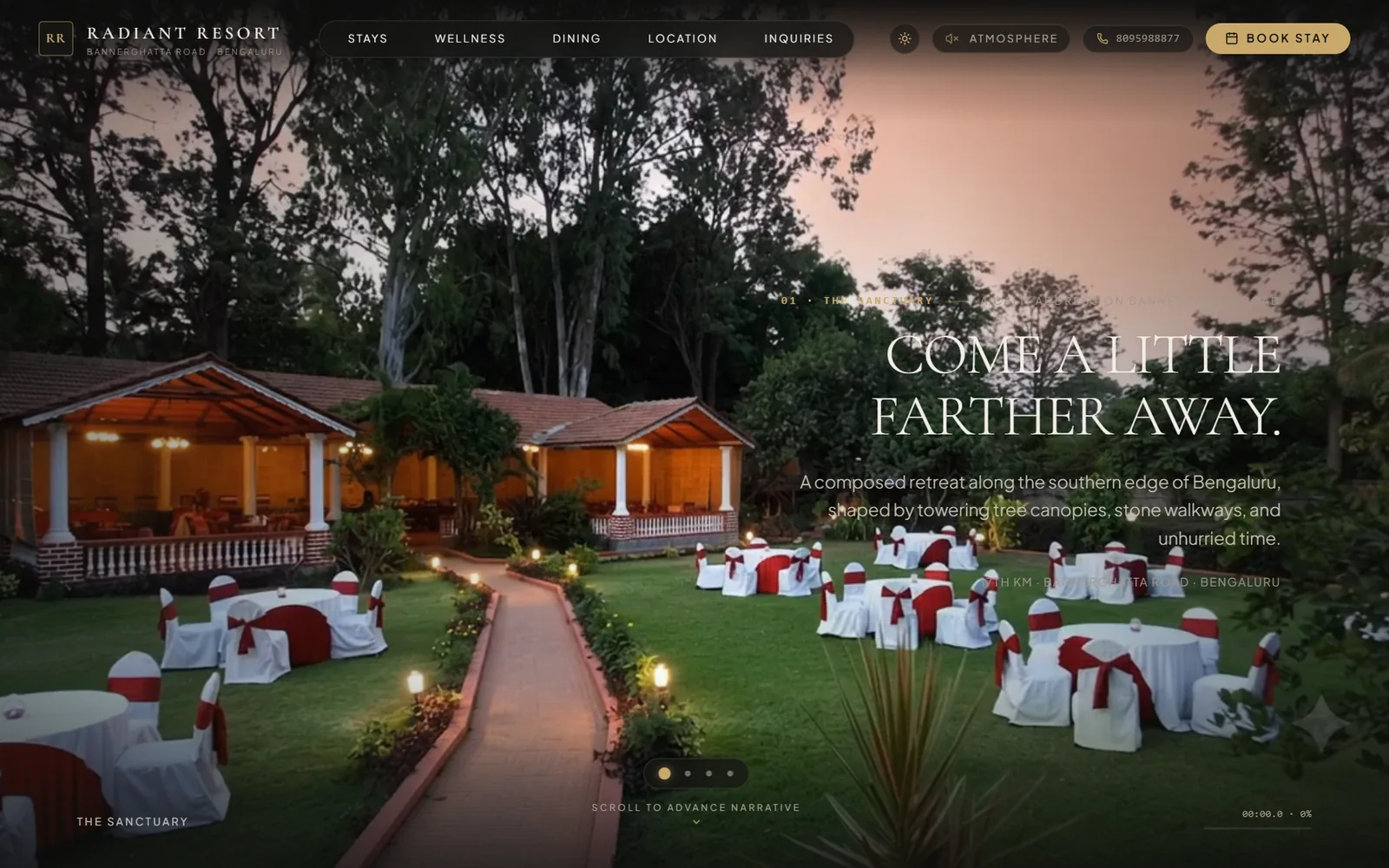 The Radiant Resort home page at dusk